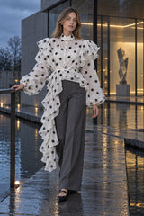 Dot Ruffled Tie Stand Collar Blouse