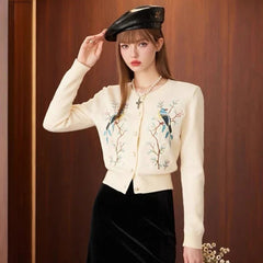 Embroidered O-Neck Knit Cardigan