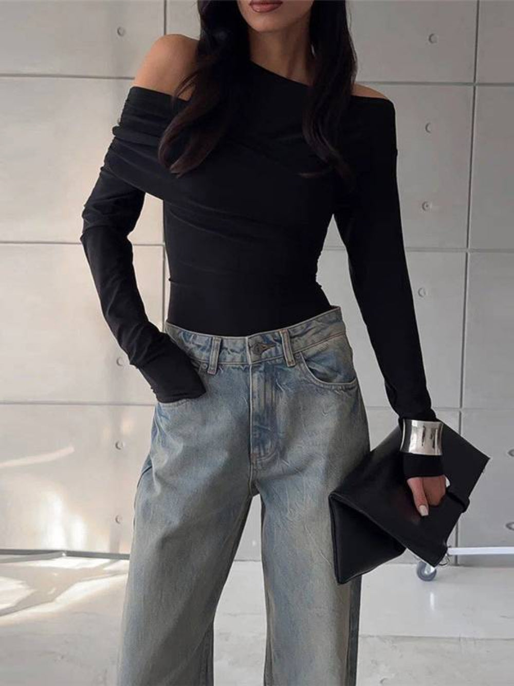 Slim Fit Tee with Irregular Shoulder