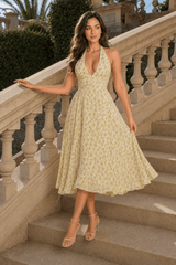 Sexy Backless Halter Floral Midi Dress