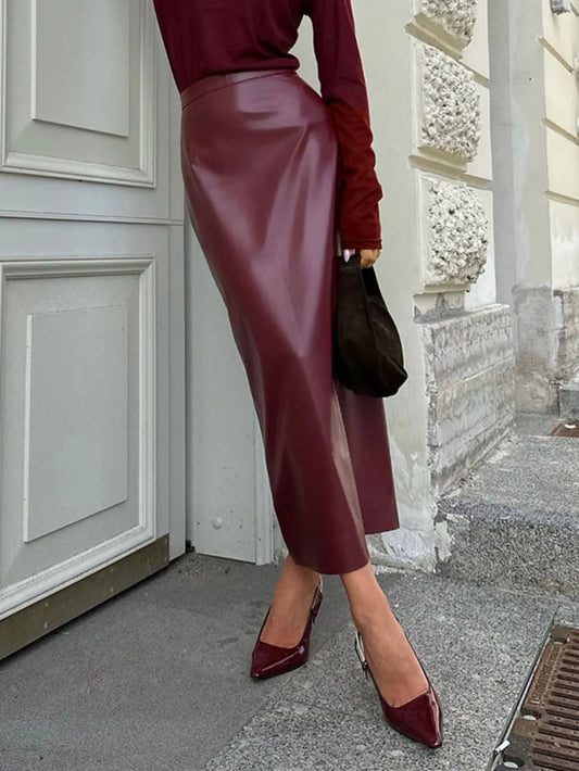 Slit PU Leather Pencil Skirt
