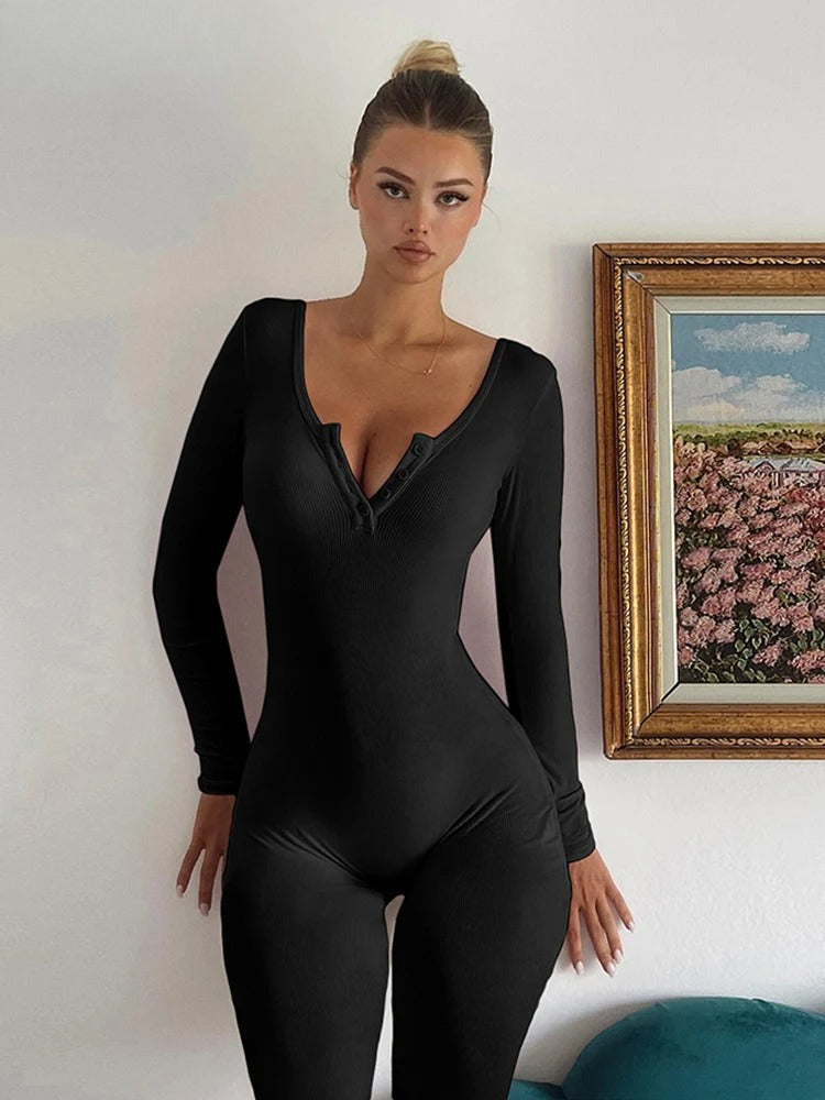 Ribbed Button Low Neck Jumpsuit