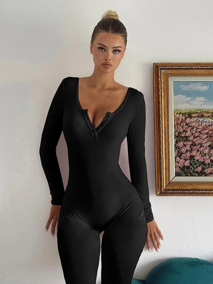 Ribbed Button Low Neck Jumpsuit