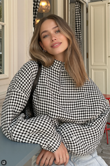 Gingham Stand Collar Zip Bomber Jacket