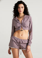 Plaid Lace Cropped Elastic Tie Waist Two Piece Set