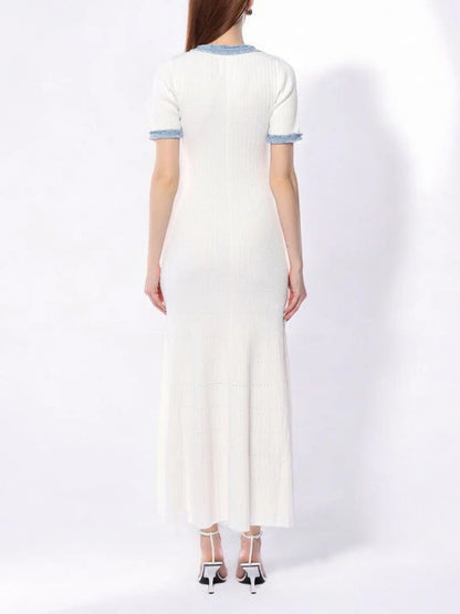 Short Sleeve Denim Patchwork Knit Dress