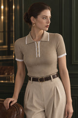 Contrast Trim Metal Trendy Button Knit Top