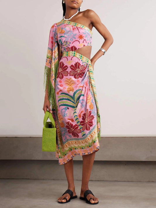 Asymmetric Shoulder Waist Cutout Floral Fringe Slit Dress