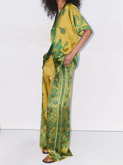 High Waist Floral Satin Pants