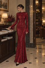 Red Leopard Print Crew Neck Backless Mermaid Maxi Dress