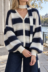 V-Neck Patchwork Knit Cardigan