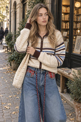 Plaid Panel Drawstring Barrel Jeans