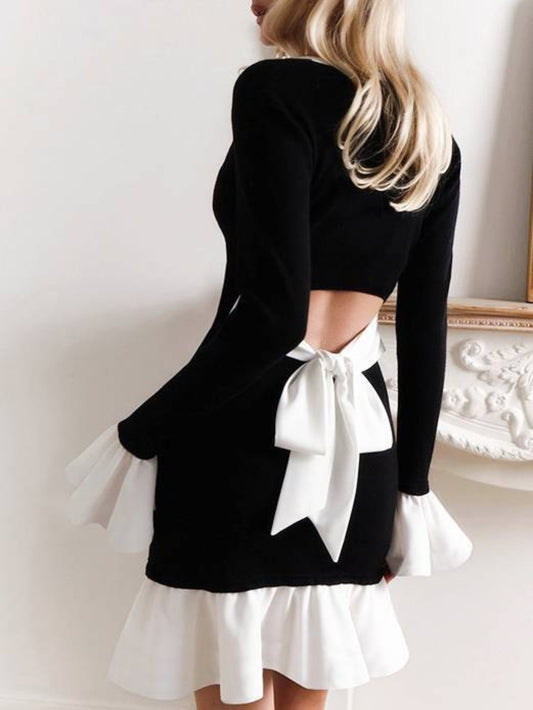 Square Neck Bow Tie Waist Ruffle Sleeve Dress