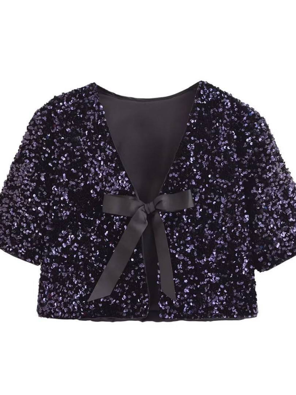Short Sleeve Sequin Bow Blouse
