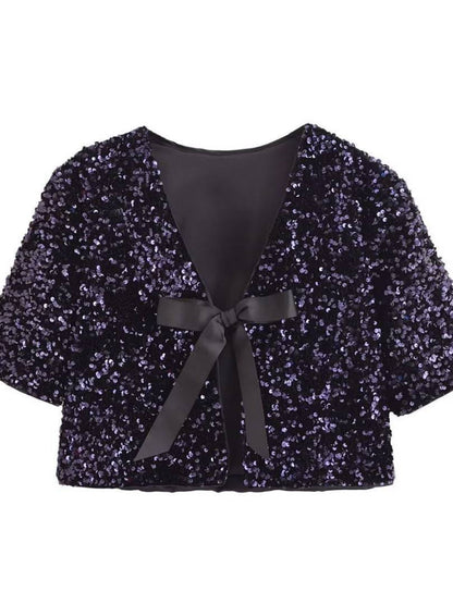 Short Sleeve Sequin Bow Blouse