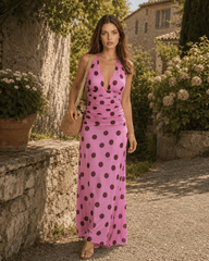Polka Dot Halter V-Neck Color Block Bodycon Maxi Dress