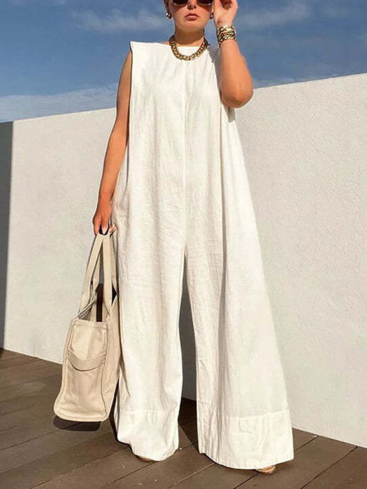 Solid Sleeveless Round Neck Wide-Leg Jumpsuit