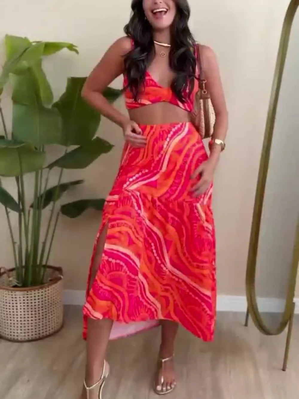 Unique Print Cami Top Skirt Set