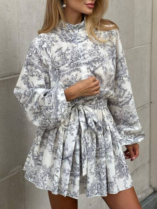 Printed Puff Sleeve Stand Collar Mini Dress