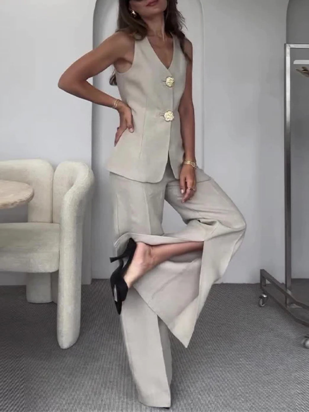 Slit Wide Leg Pants with Slim Vest