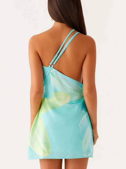 Asymmetrical Hem Graphic Print Mini Dress
