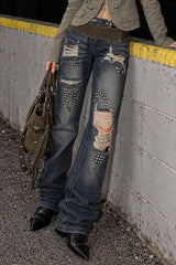 Rivet Spliced Ripped Vintage Washed Jeans