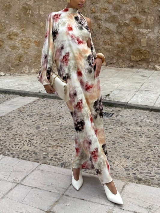 Unique Watercolor Print Single Puff Sleeve Dress