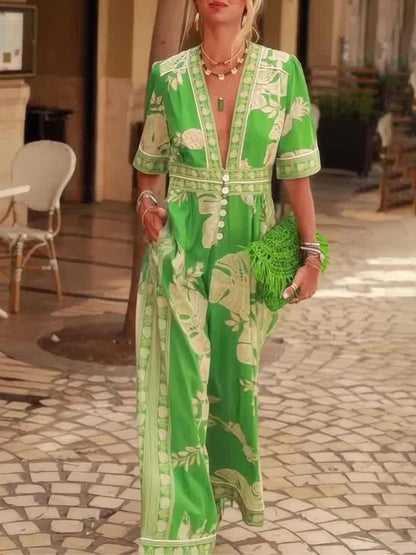 Floral Print V-Neck Short Sleeve Jumpsuit