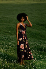 Summer Floral  Pleated Backless Robe Evenning- Midi Dresses