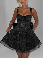 Pleated Bow Elegant Mini Dress