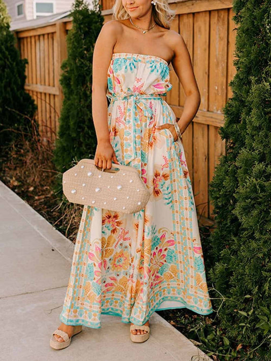 Printed Folk Style Wrap Collar Jumpsuit