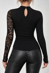 Lace Cutout Mock Neck Asym Blouse