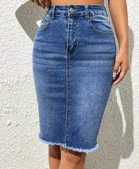 High Waist Raw Edge Denim Skirt