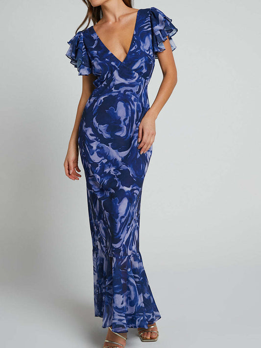 Floral Chiffon Elegant V-Neck Bell Sleeve Dress