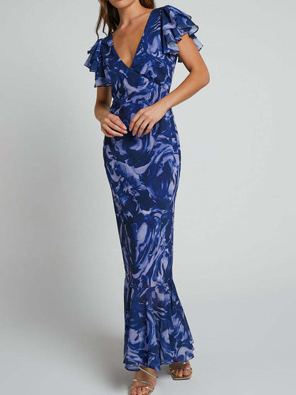 Floral Chiffon Elegant V-Neck Bell Sleeve Dress