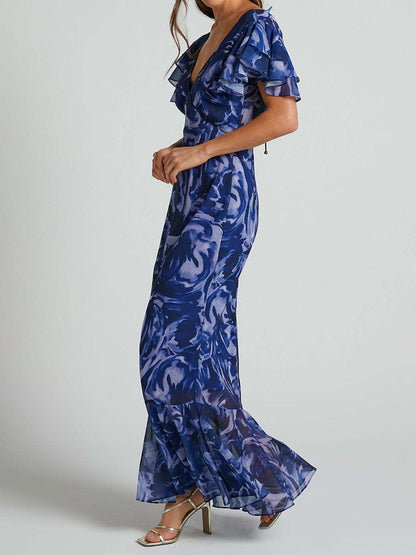 Floral Chiffon Elegant V-Neck Bell Sleeve Dress