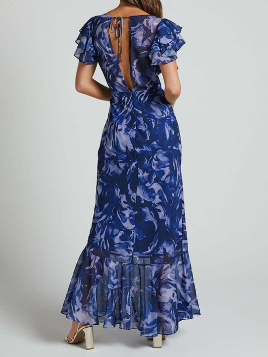 Floral Chiffon Elegant V-Neck Bell Sleeve Dress