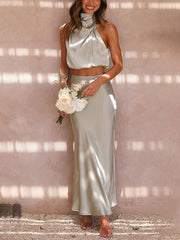 Satin Multi-Color Fitted Casual Skirt Set