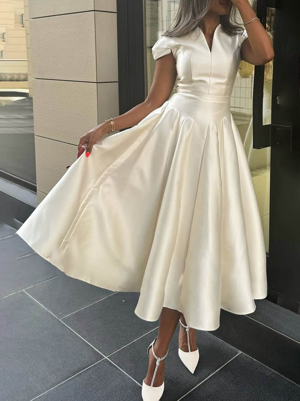 Pleated V-Neck Waisted A-Line Elegant Midi Dress