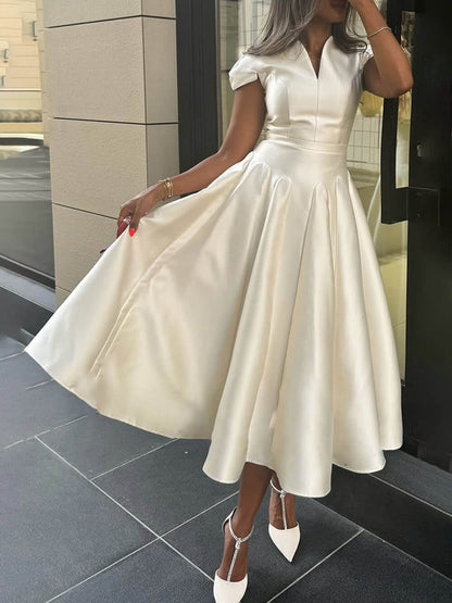 Pleated V-Neck Waisted A-Line Elegant Midi Dress