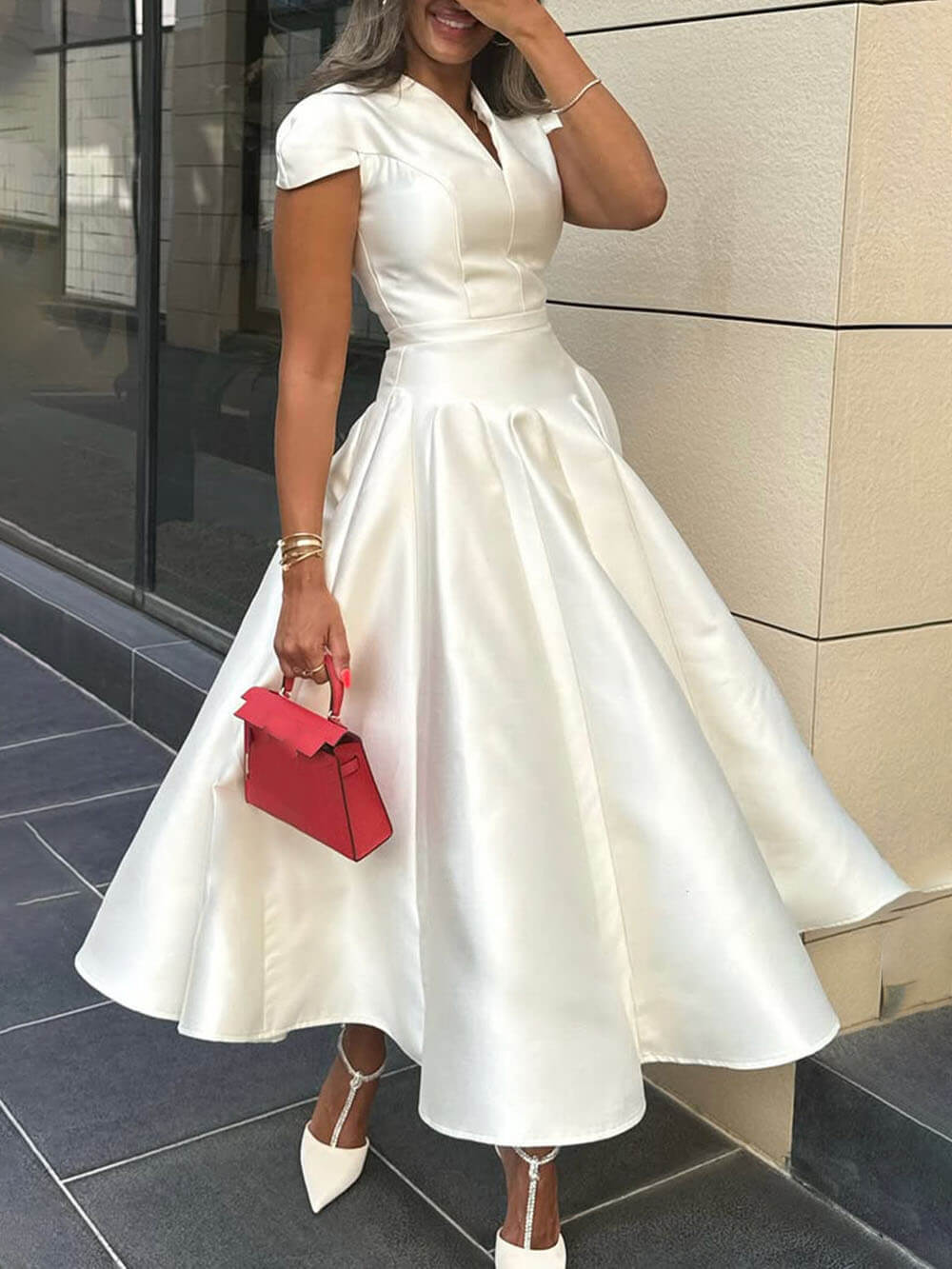 Pleated V-Neck Waisted A-Line Elegant Midi Dress