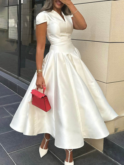 Pleated V-Neck Waisted A-Line Elegant Midi Dress