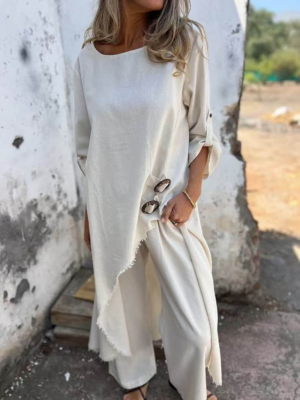 Irregular Button Robe Pants Set