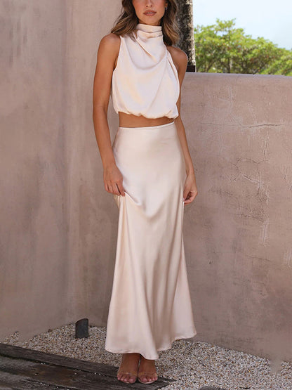 Satin Multi-Color Fitted Casual Skirt Set