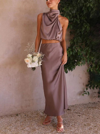 Satin Multi-Color Fitted Casual Skirt Set