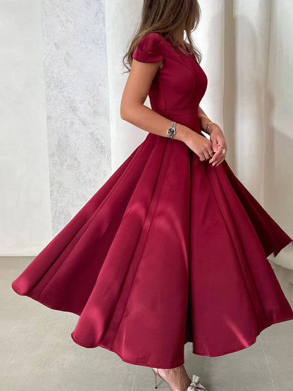 Pleated V-Neck Waisted A-Line Elegant Midi Dress