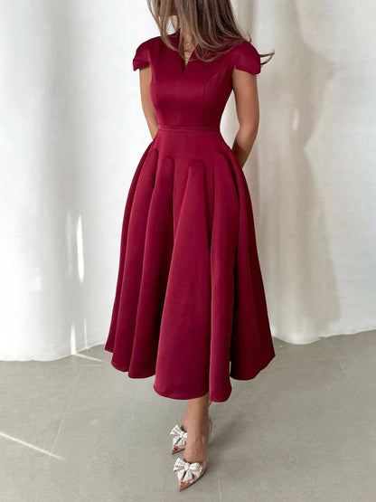 Pleated V-Neck Waisted A-Line Elegant Midi Dress