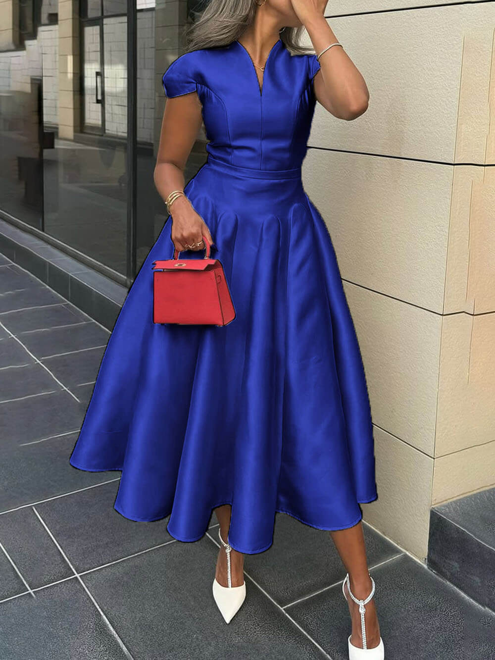 Pleated V-Neck Waisted A-Line Elegant Midi Dress