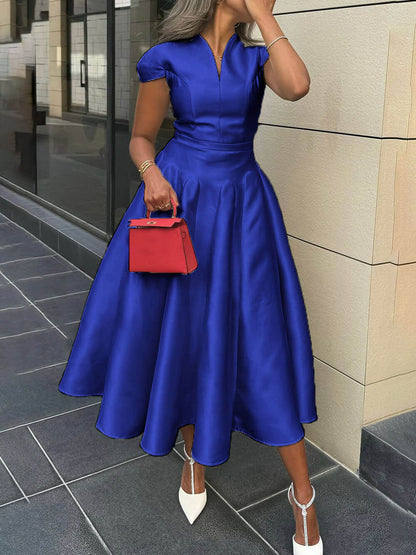 Pleated V-Neck Waisted A-Line Elegant Midi Dress