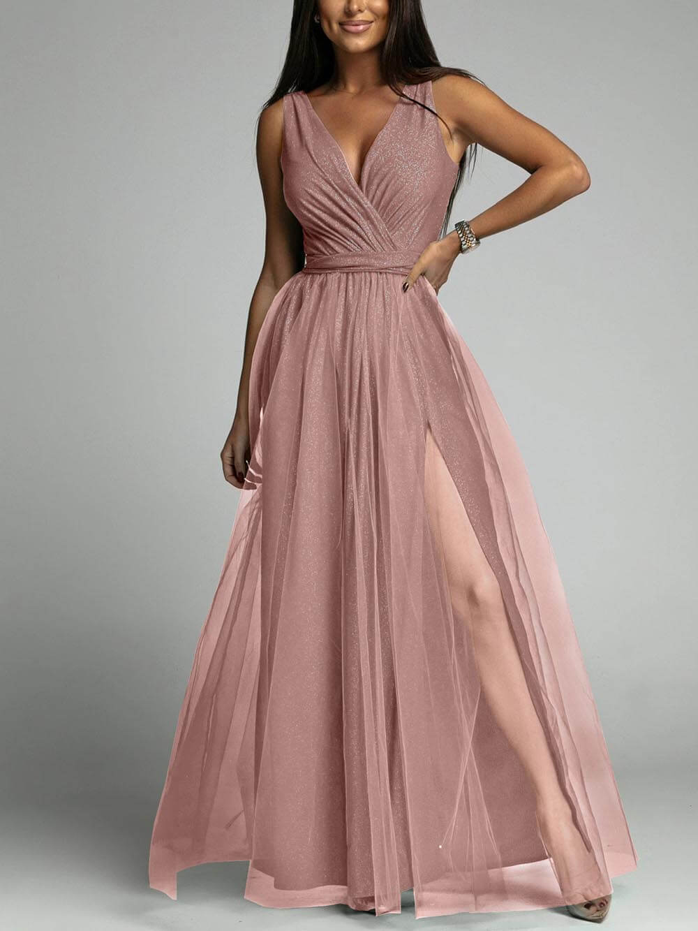 Sexy V-Neck High Slit A-Line Dress